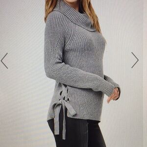 bebe grey cowl neck knit lace up side sweater